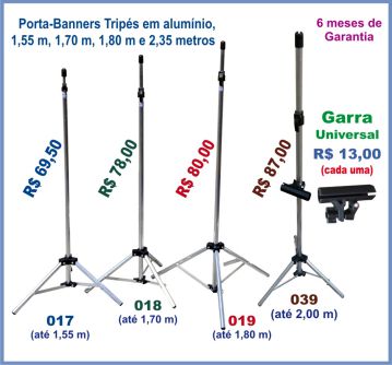 Tripés simples em alumínio códigos 017, 037, 038 e 019.